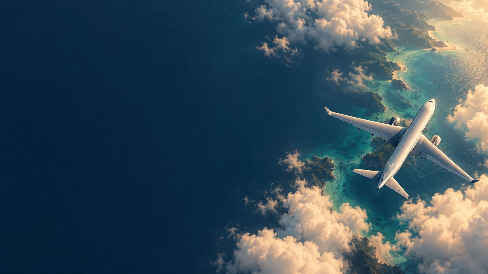 Ilustração de um avião sobre nuvens e o litoral